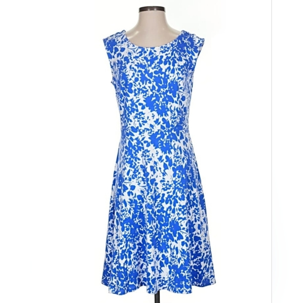 Talbots Sleeveless Flt and Flare A-Line Blue & White Career Floral Dress SP